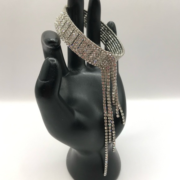 Unsigned Jewelry - Silver-Tone & Pave Rhinestone Memory Wire Bracelet with Tassel